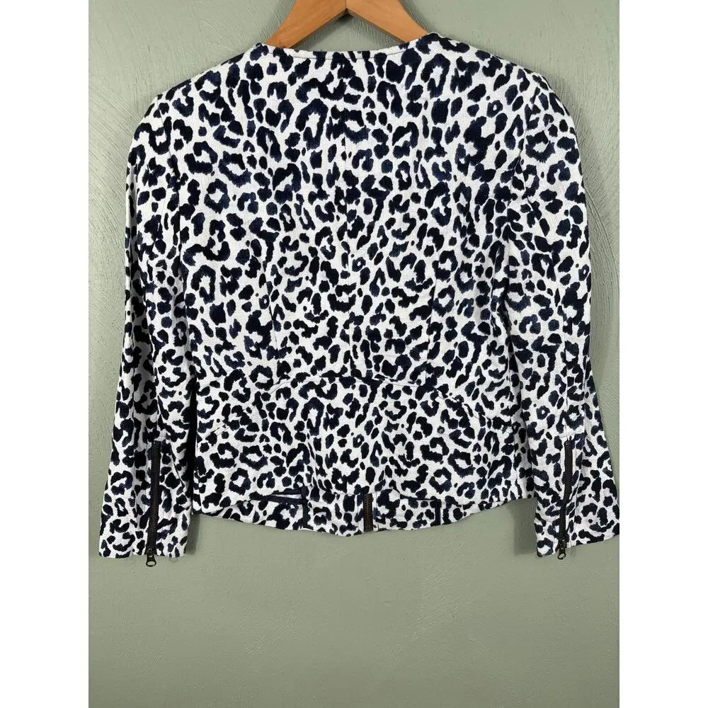 J. Crew Women Size XXS Blue and White Leopard Print Full‎ Zip Moto Bomber Jacket